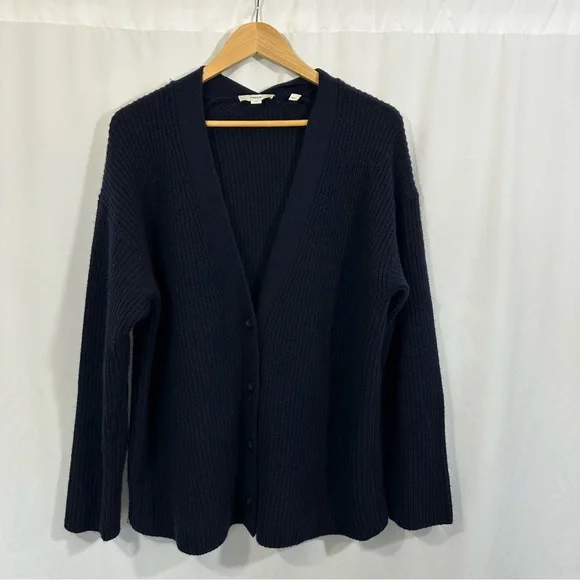 Vince Wool Cashmere Ribbed Knit Cardigan Sweater in Navy Blue - Picture 2 of 10